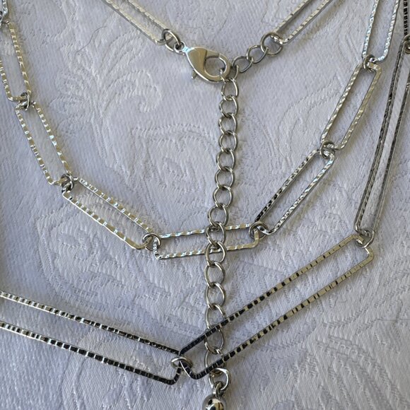 Paperclip Link Earring Set Silvertone Layered Chain Statement Necklace 23" NEW - Picture 3 of 10